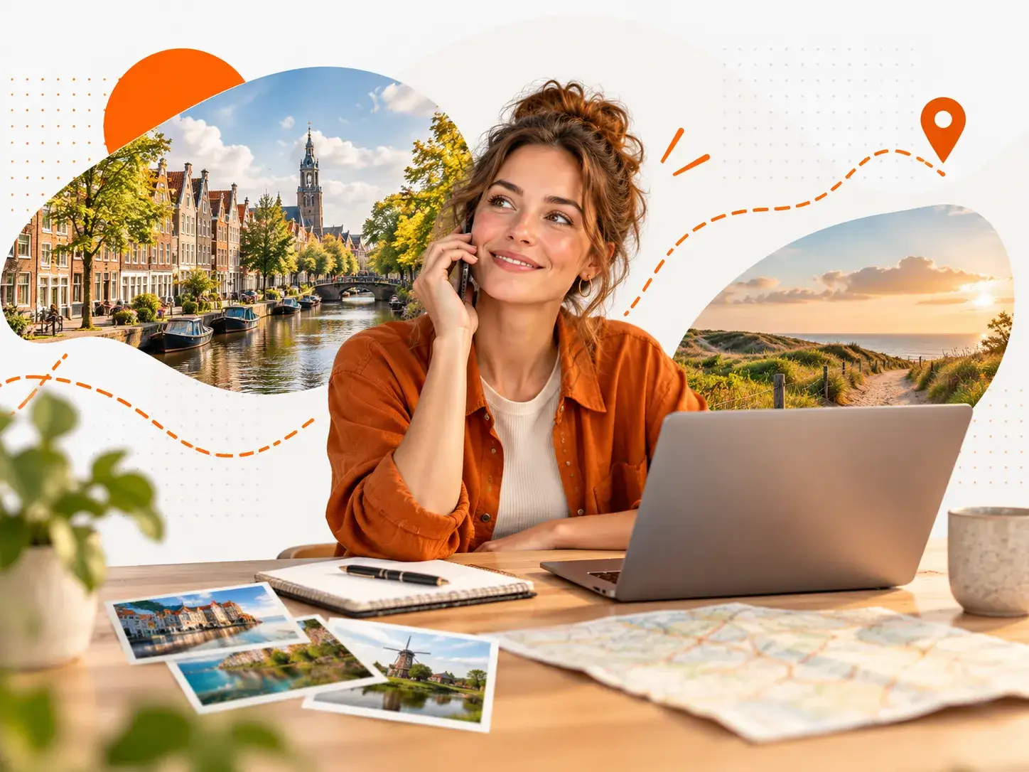 Vrouw van 1000 Plekken voert een telefoongesprek over reizen, bijzondere plekken en dagjes uit aan een bureau met laptop en reiskaart. 2.