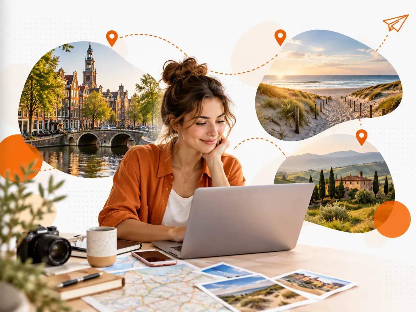 Vrouw werkt op een laptop en bekijkt reisinspiratie van 1000 Plekken met beelden van stranden, steden en bijzondere plekken.