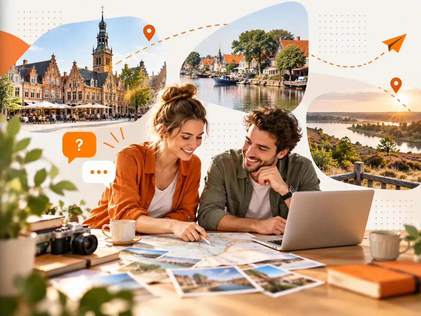 Twee mensen plannen samen een reis via 1000 Plekken met kaart, laptop en inspiratie voor bijzondere plekken en dagjes uit.