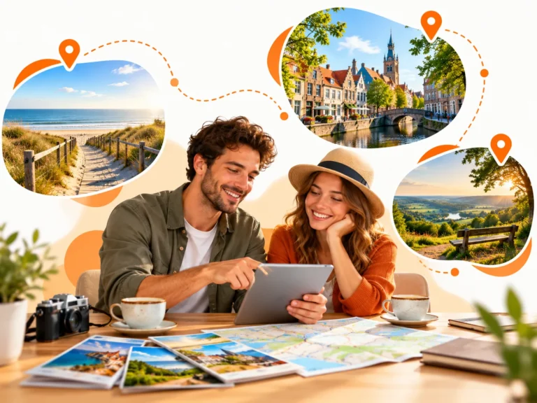 Twee reizigers bekijken samen de FAQ van 1000 Plekken met inspiratie voor bijzondere plekken, routes en dagjes uit.